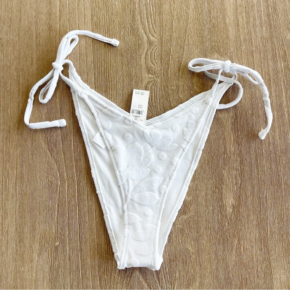 Aerie Terry Low Rise Tie Cheekiest Bikini Bottom in Floral White Size Small NWT